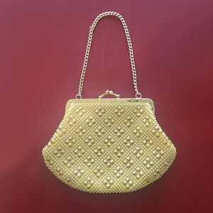 Vintage Gold Sequin Beaded Clutch Purse Evening Bag Clamshell Hong Kong